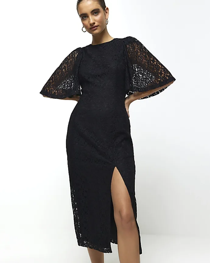 Black lace split hem bodycon midi dress