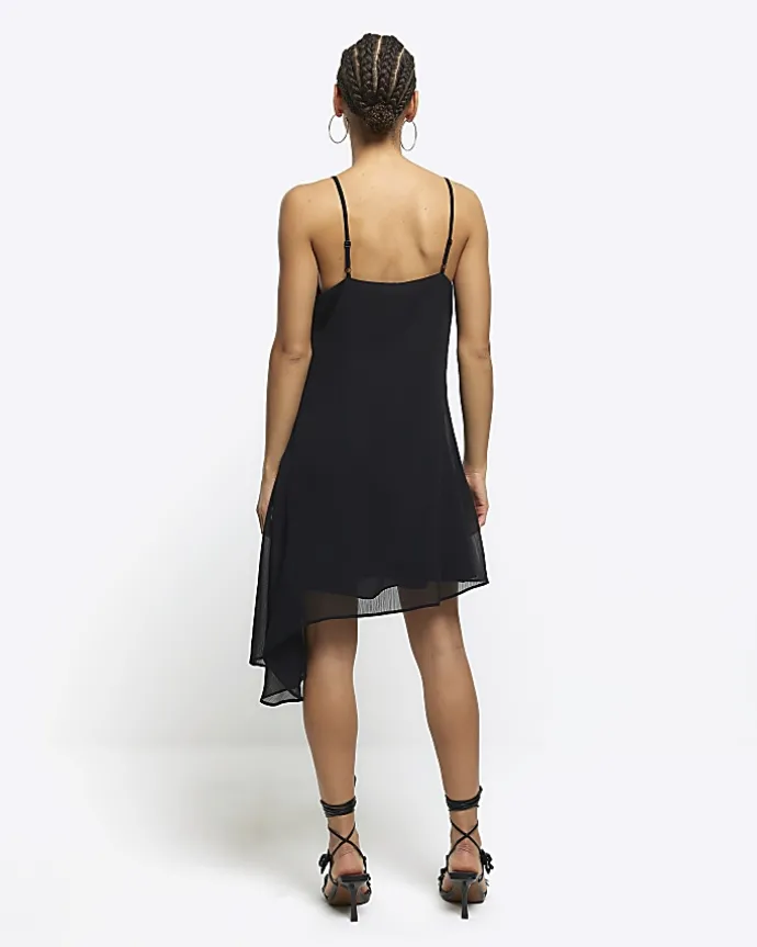Black lace trim asymmetric slip mini dress