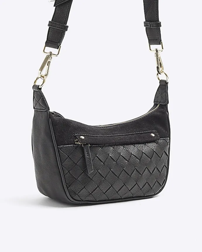Black leather weave cross body bag
