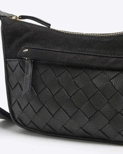 Black leather weave cross body bag