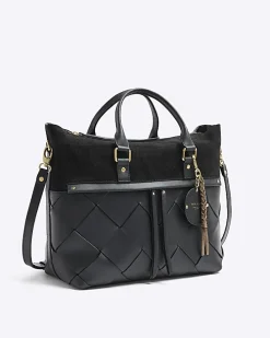 Black leather weave shopper bag