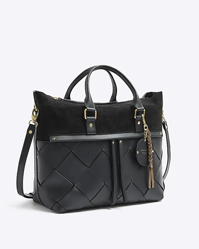 Black leather weave shopper bag