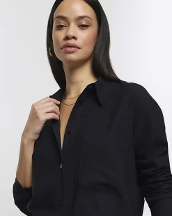 Black linen blend long sleeve shirt