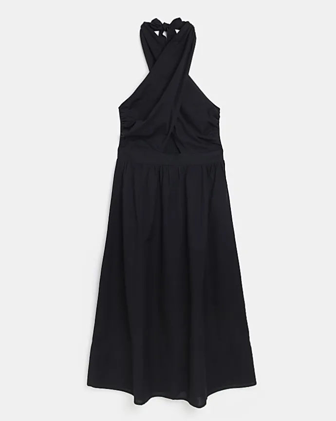 Black linen halter neck midi dress