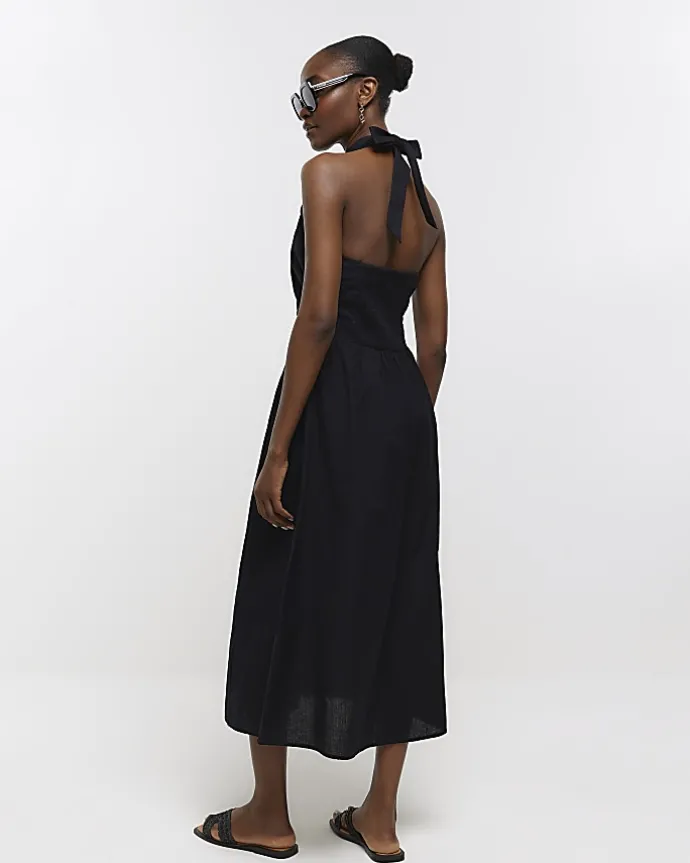 Black linen halter neck midi dress