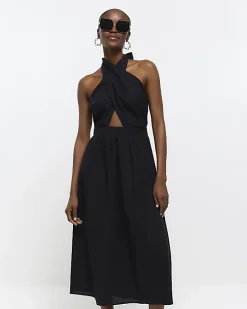 Black linen halter neck midi dress