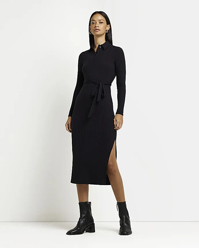Black long sleeve bodycon midi dress