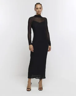 Black mesh bodycon maxi dress