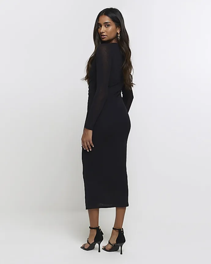 Black mesh cut out bodycon midi dress