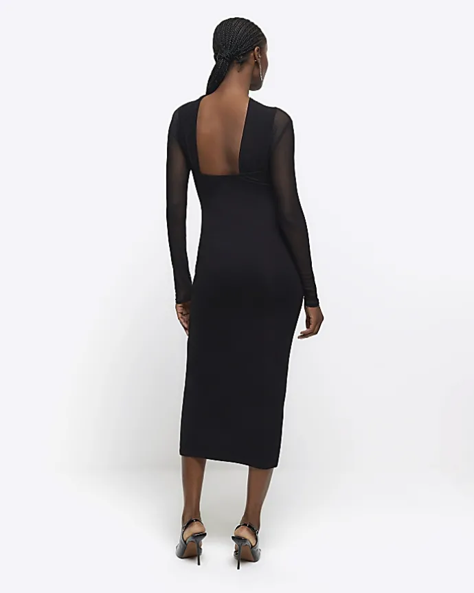 Black mesh open back bodycon midi dress
