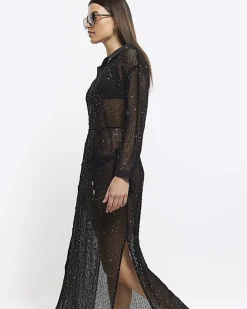 Black mesh sequin beach maxi shirt dress