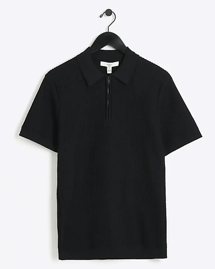 Black muscle fit knitted half zip polo