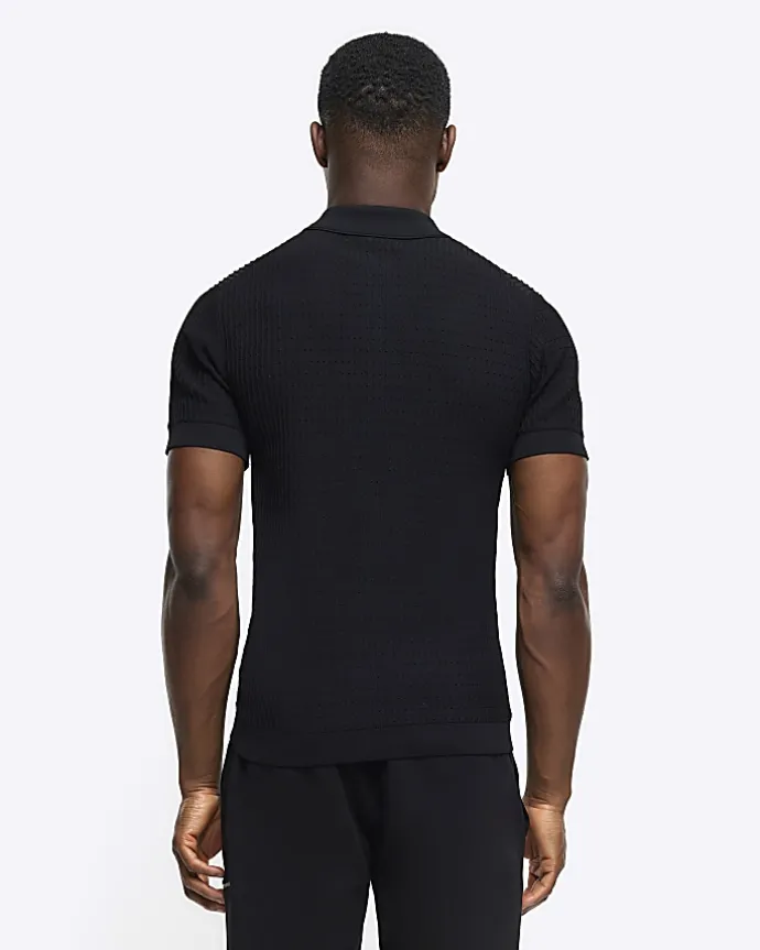 Black muscle fit knitted half zip polo