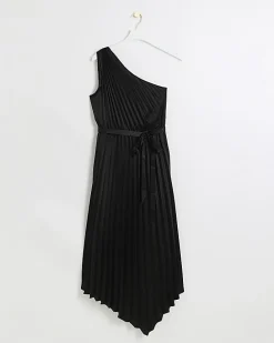 Black pleated asymmetric midi dress