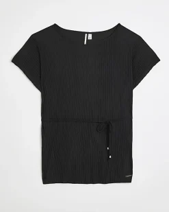Black plisse belted top