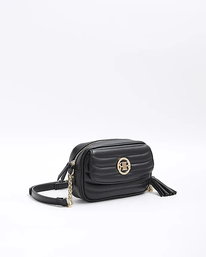 Black quilted front pocket cross body bag