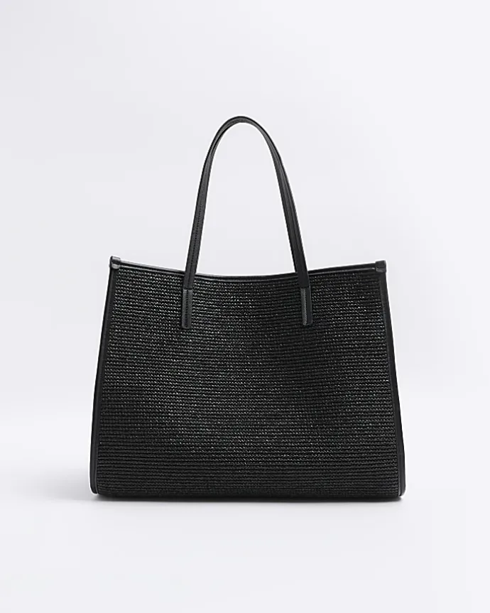 Black raffia embroidered tote bag
