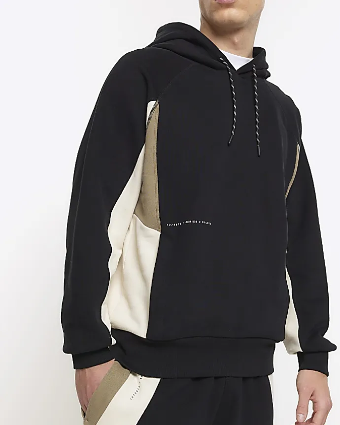 Black regular fit colour block hoodie