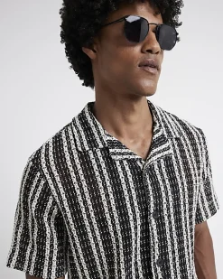 Black regular fit crochet stripe revere shirt