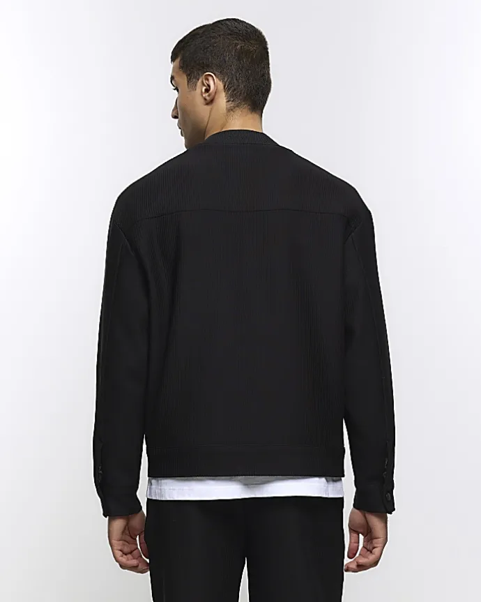 Black regular fit plisse zip bomber jacket