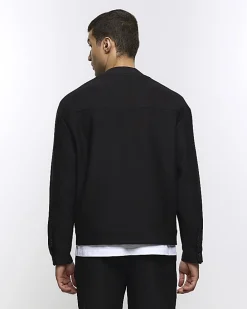 Black regular fit plisse zip bomber jacket