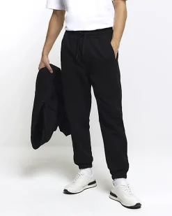 Black regular fit rib panel joggers