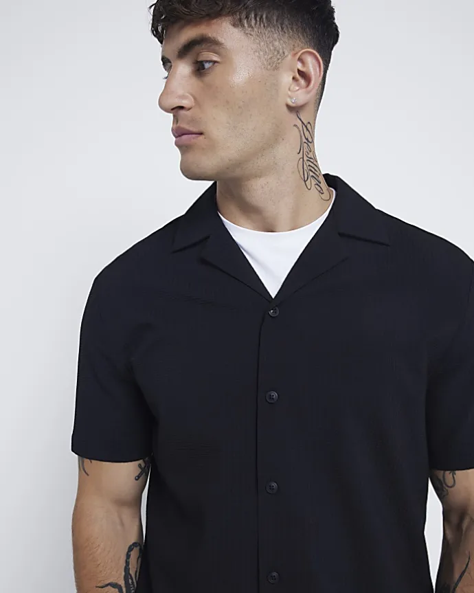 Black Regular Fit Seersucker Revere Shirt