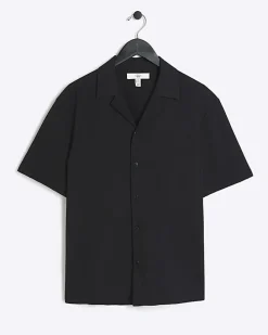 Black Regular Fit Seersucker Revere Shirt