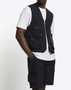 Black regular fit utility cargo shorts