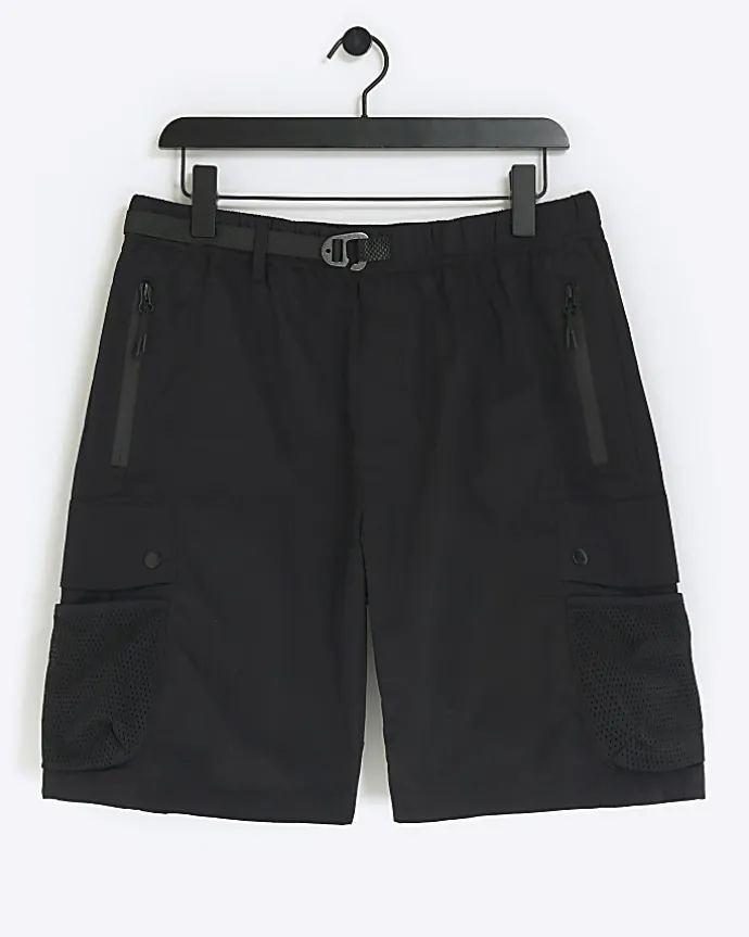 Black regular fit utility cargo shorts
