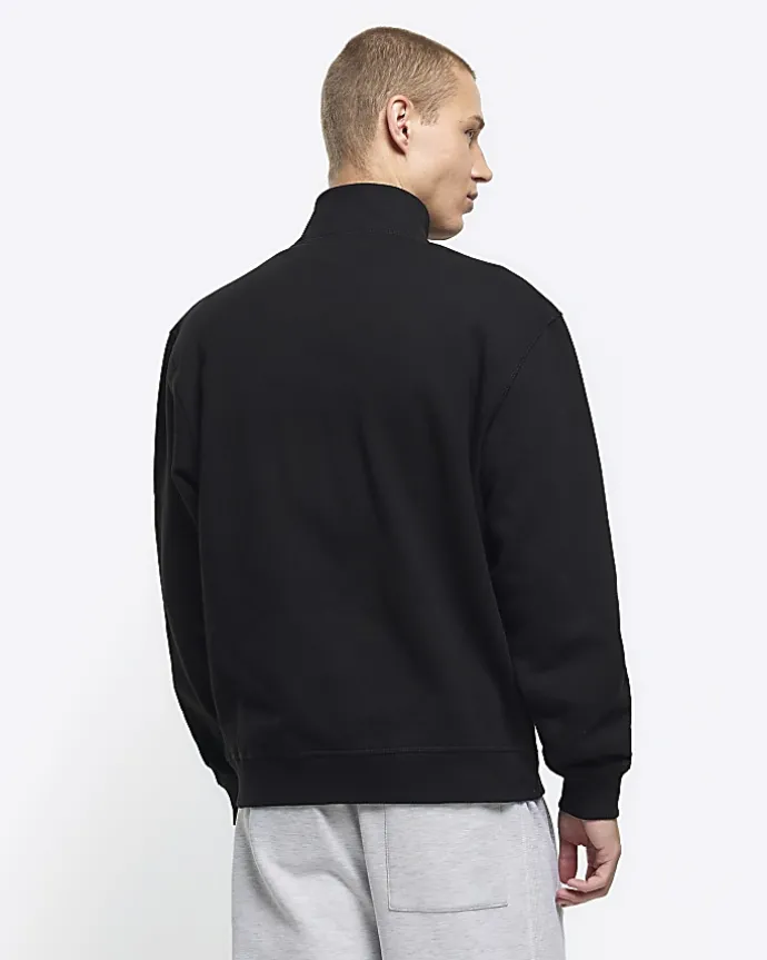 Black regular fit zip up funnel sweatshirt