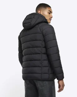 Black regular hooded quilted puffer jacket