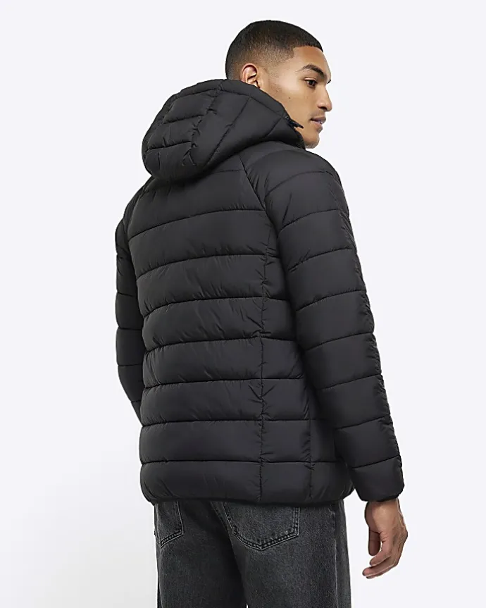 Black regular hooded quilted puffer jacket