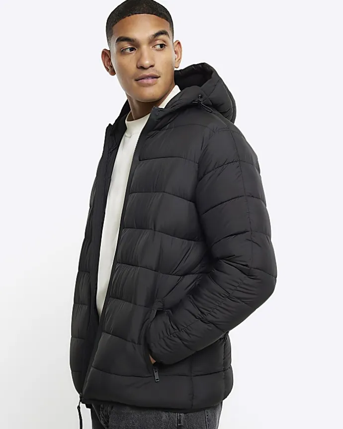 Black regular hooded quilted puffer jacket