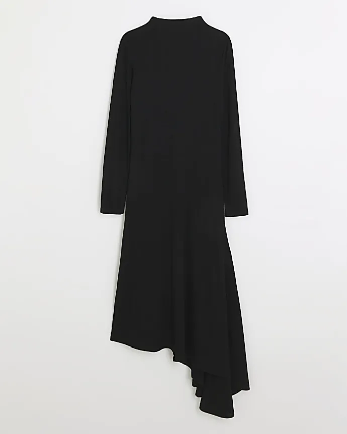 Black rib asymmetric bodycon midi dress