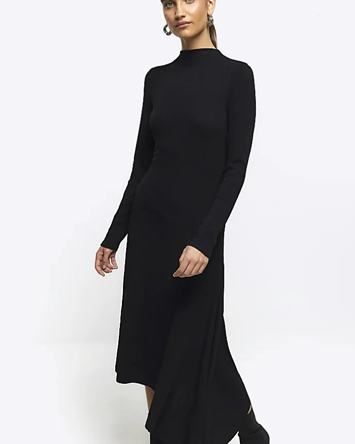 Black rib asymmetric bodycon midi dress