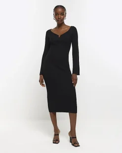 Black rib long sleeve bodycon midi dress