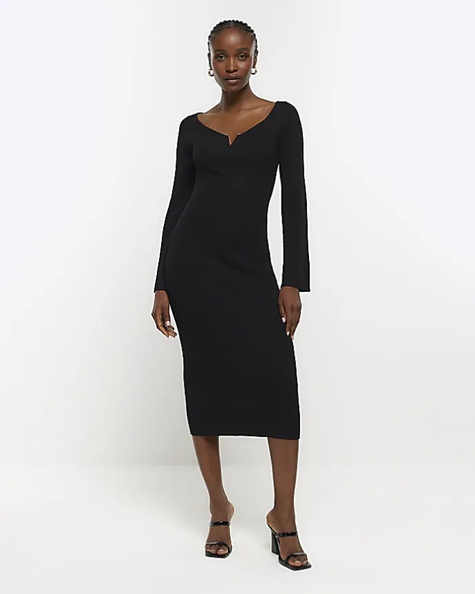 Black rib long sleeve bodycon midi dress