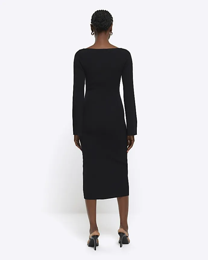 Black rib long sleeve bodycon midi dress
