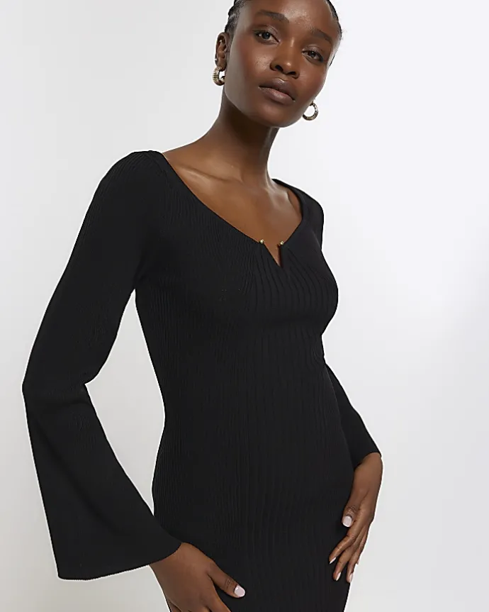 Black rib long sleeve bodycon midi dress