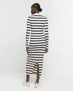 Black rib stripe collared bodycon maxi dress