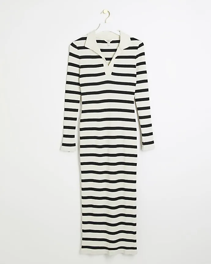 Black rib stripe collared bodycon maxi dress