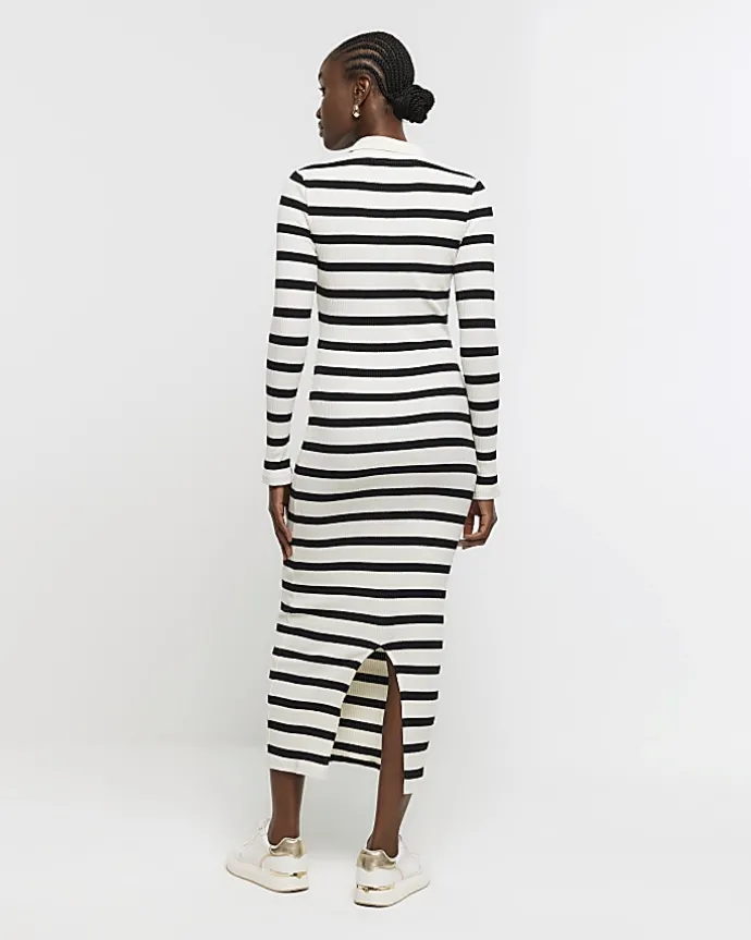 Black rib stripe collared bodycon maxi dress