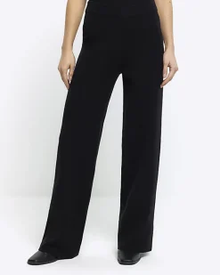 Black rib wide leg trousers