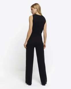 Black rib wide leg trousers