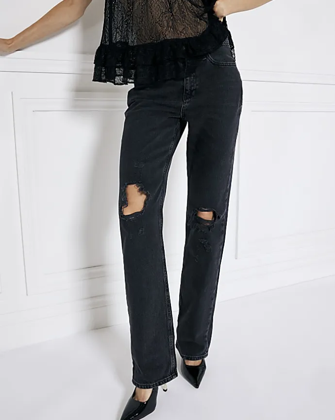 Black ripped high waist stove straight jeans