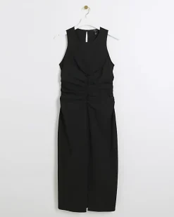 Black ruched split bodycon midi dress