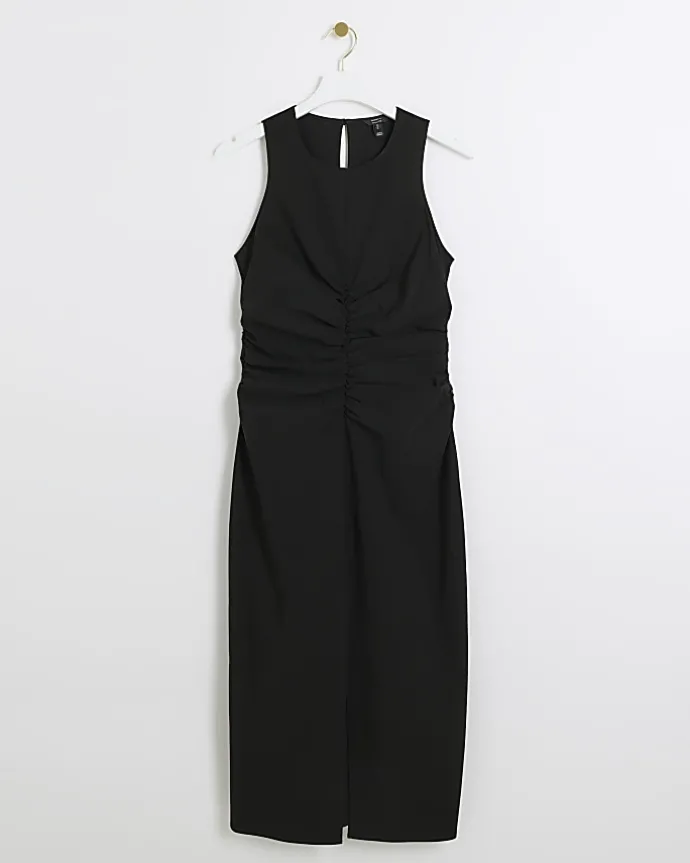 Black ruched split bodycon midi dress