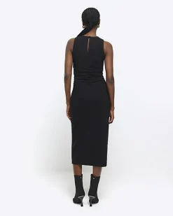 Black ruched split bodycon midi dress