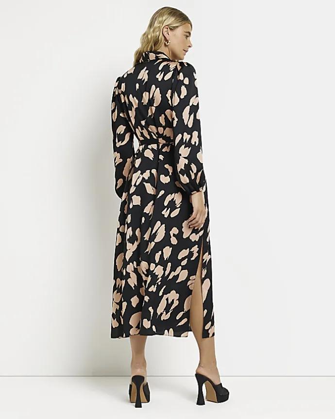 Black satin animal print midi shirt dress